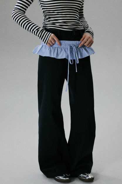 Blue Layered Ruffle Wide-Leg Pants
