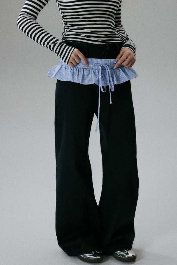 Blue Layered Ruffle Wide-Leg Pants