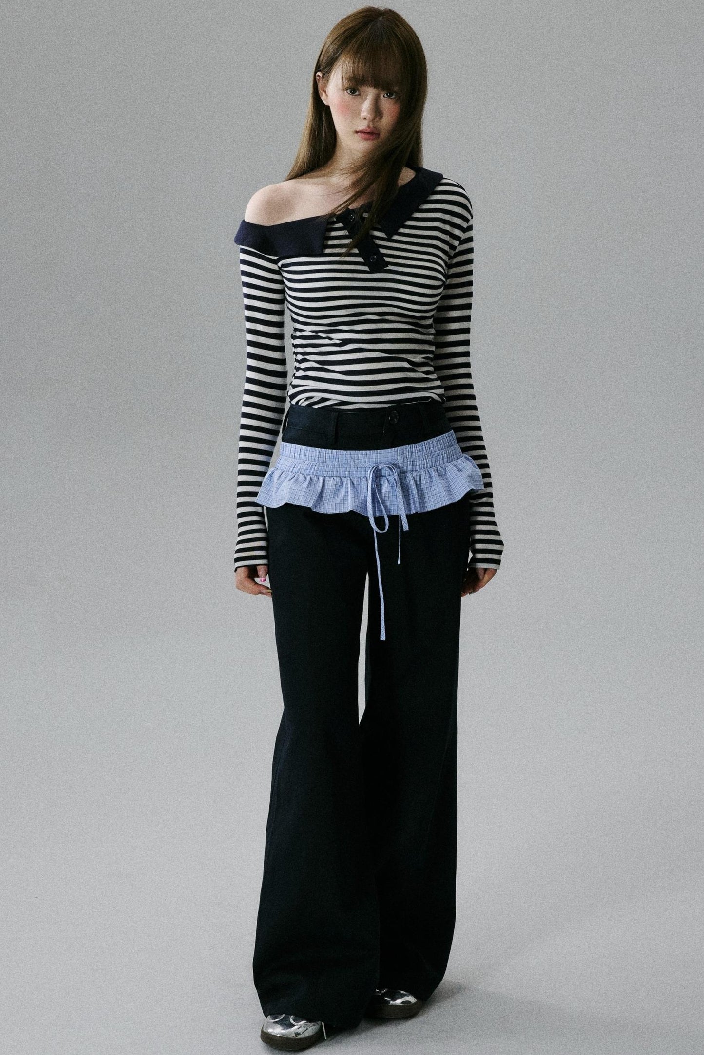 Blue Layered Ruffle Wide-Leg Pants