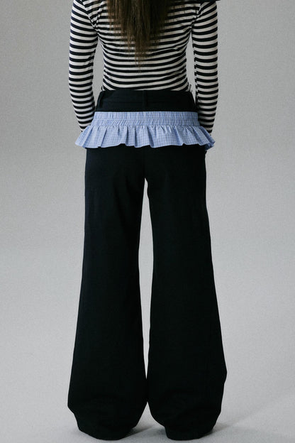 Blue Layered Ruffle Wide-Leg Pants