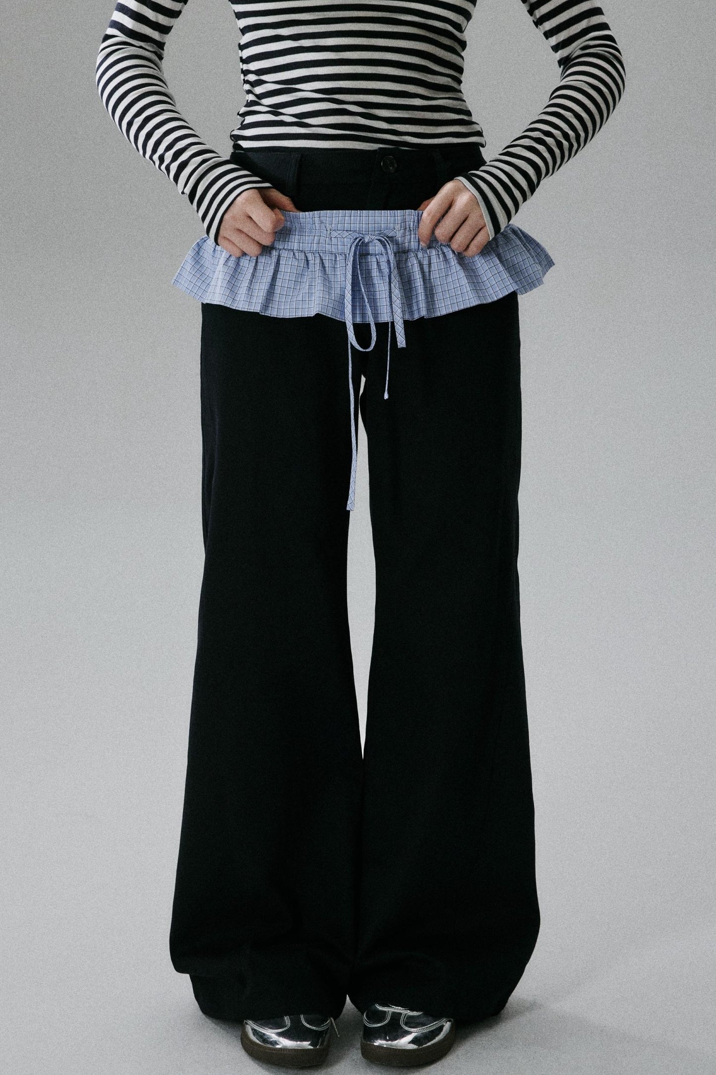 Blue Layered Ruffle Wide-Leg Pants