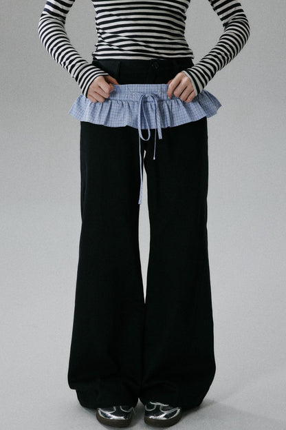 Blue Layered Ruffle Wide-Leg Pants