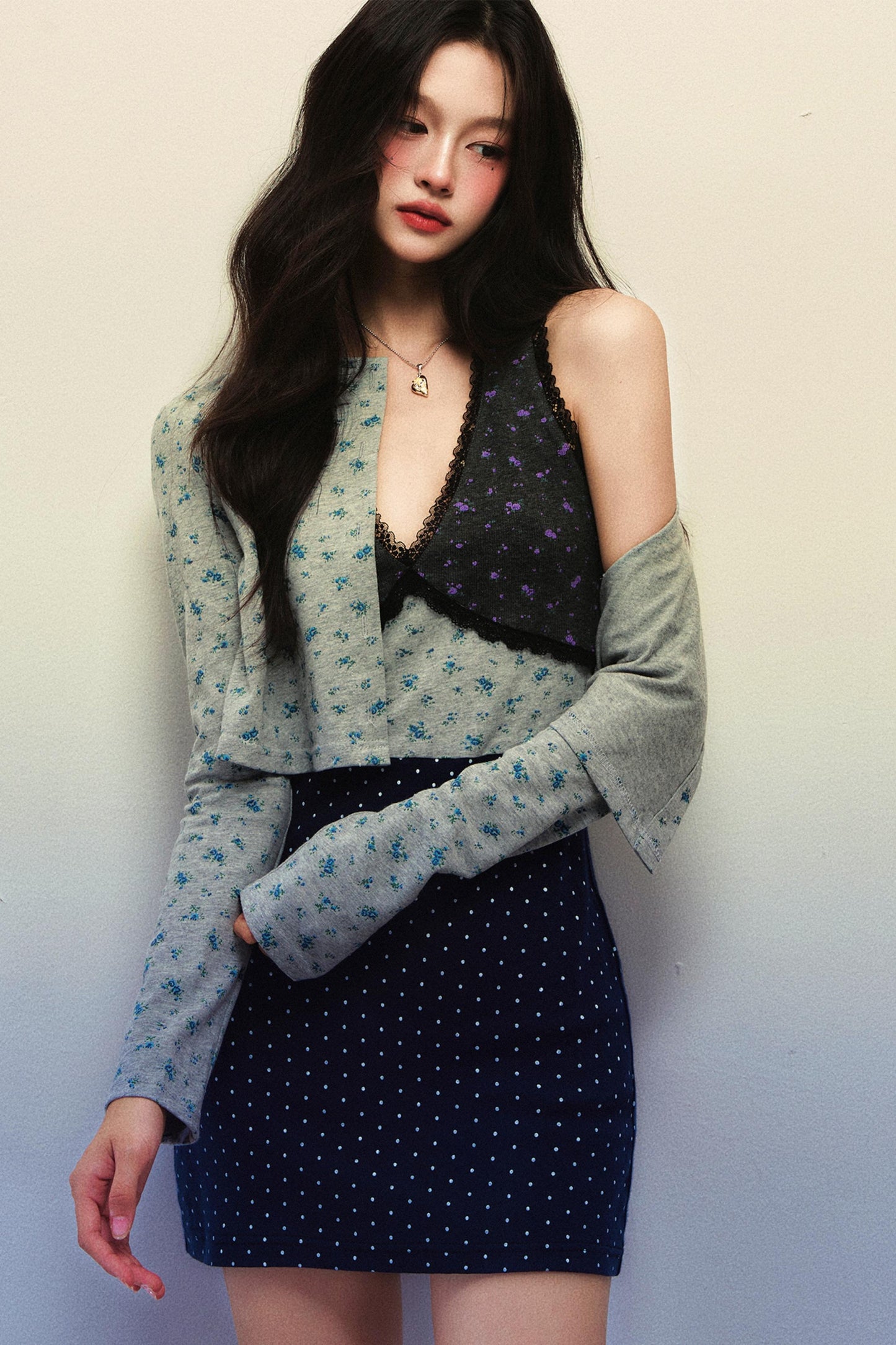 Navy Blue Polka Dot Floral Patchwork V-Neck Sundress Set-Up