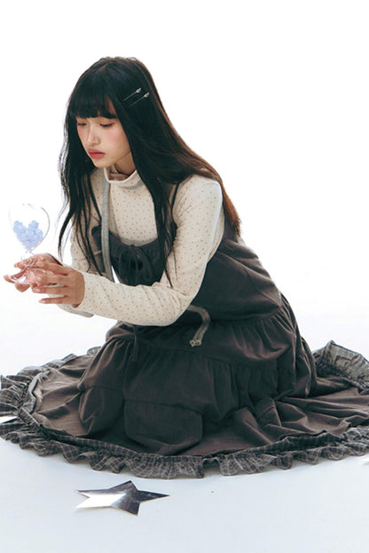 Patchwork Plaid Shirred Japanese Lace-Up Long Dress