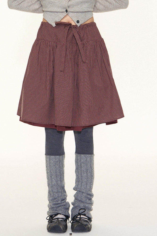Vintage Lace-Up Plaid Puffy A-Line Skirt