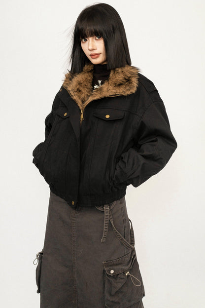 Retro Fur Collar Workwear Winter Cotton Jacket
