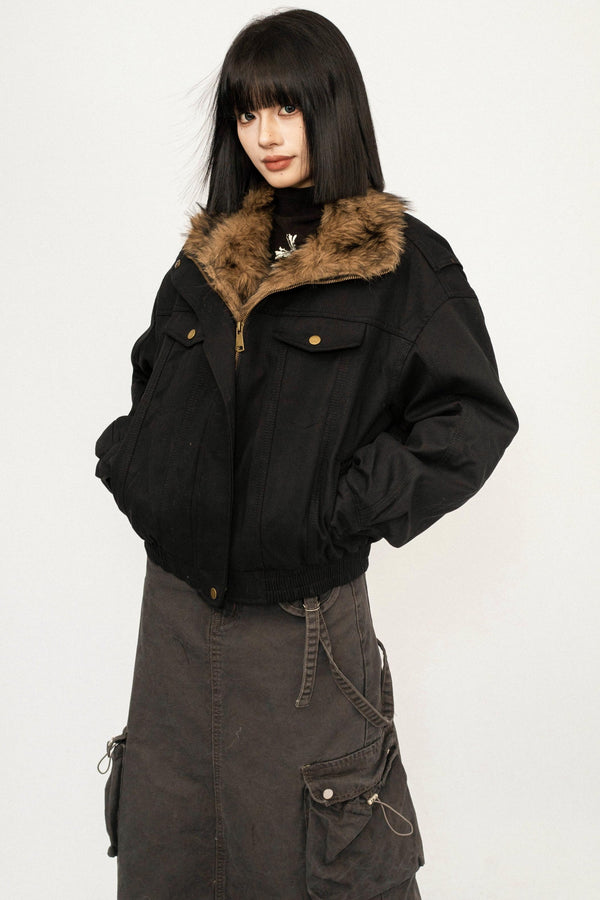 Retro Fur Collar Workwear Winter Cotton Jacket