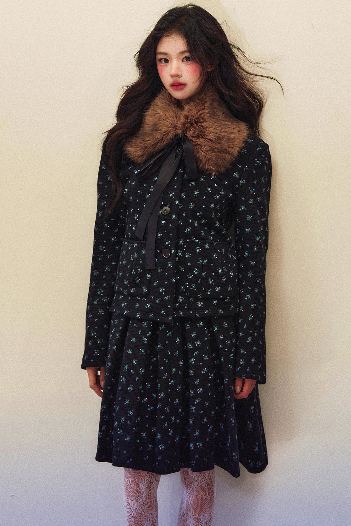 Black Floral Pleated Jacket Skirt Set-Up