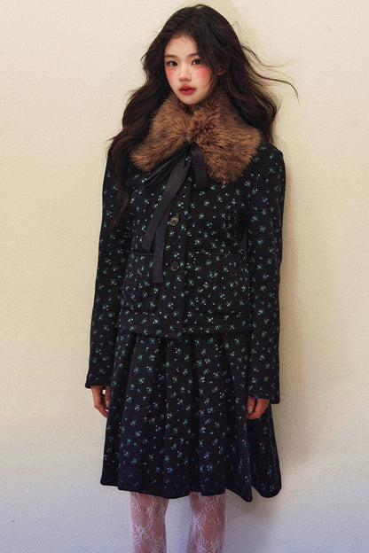 Black Floral Pleated Jacket Skirt Set-Up