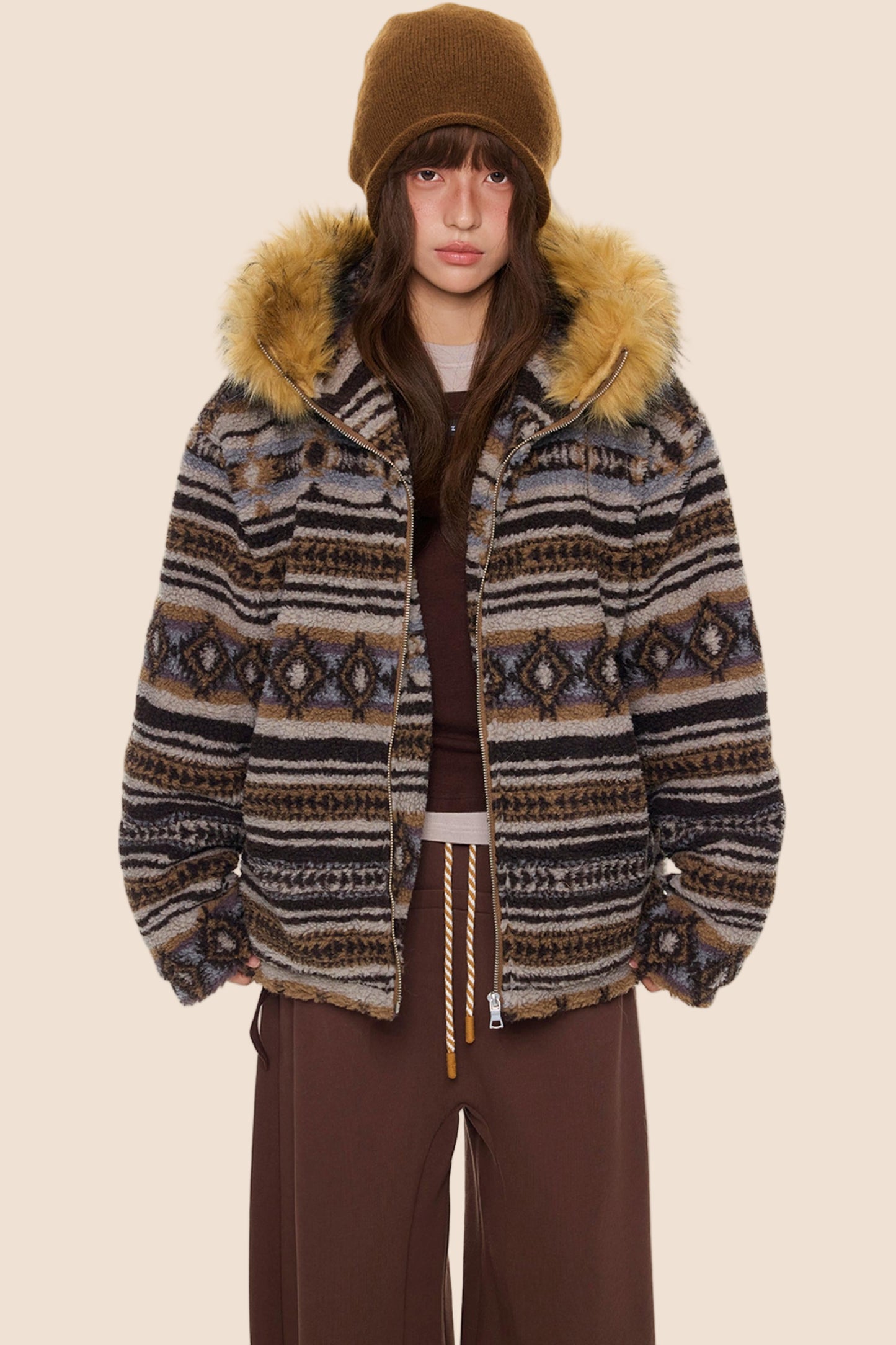 Ethnic Fur Collar Hooded Jacket