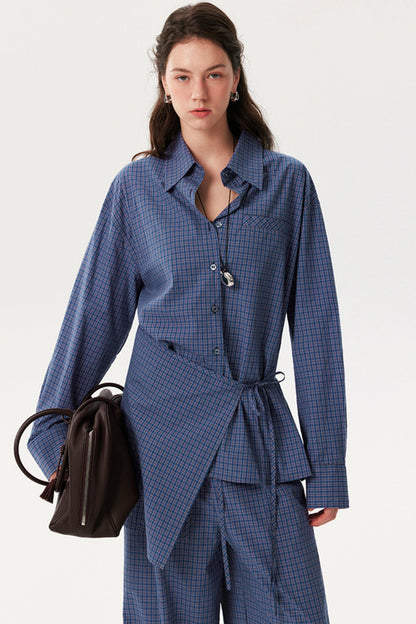 Blue Plaid Long Shirt Trousers Set