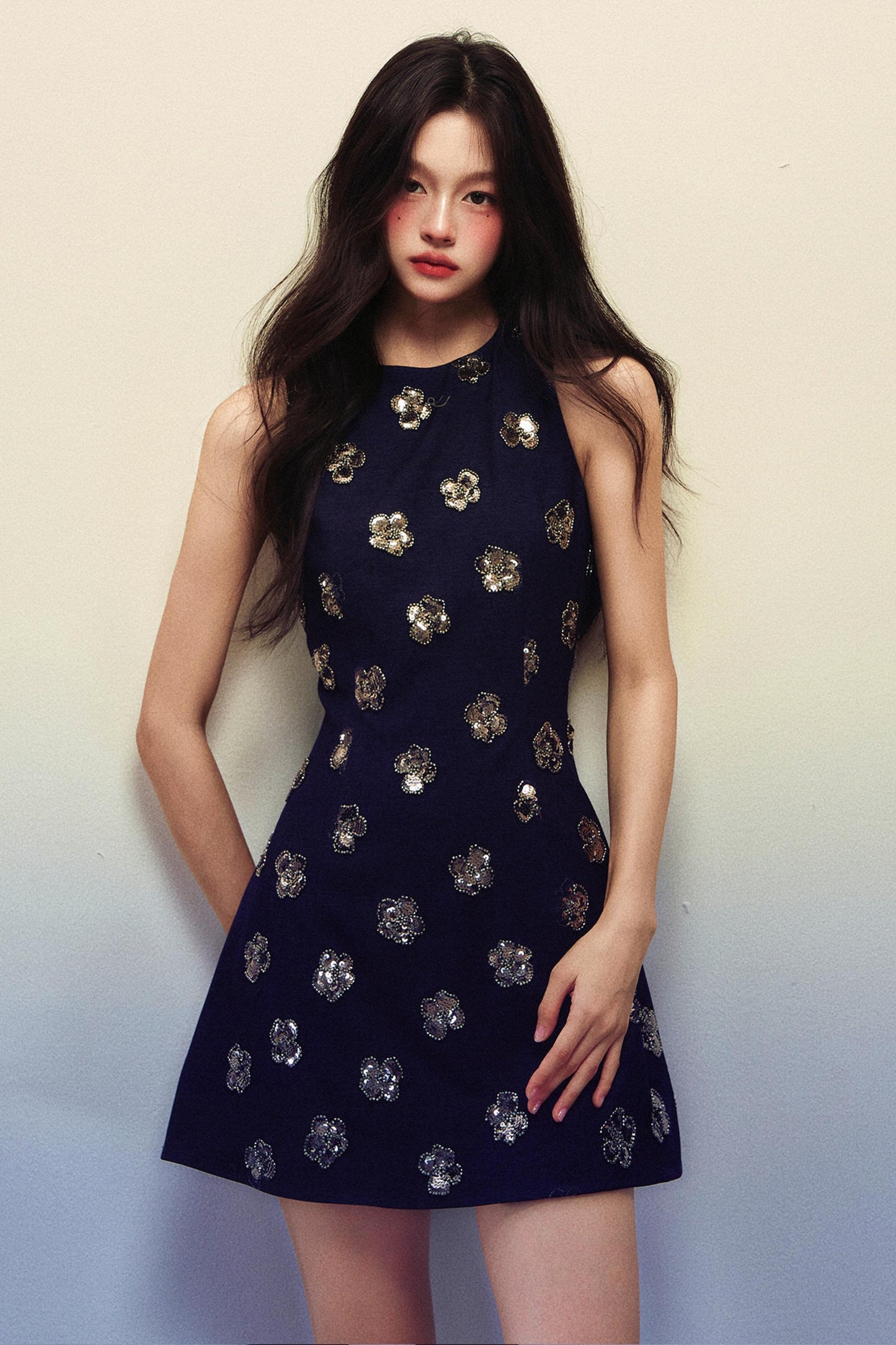 Slim Waist Navy Blue Sequin Sleeveless Dress