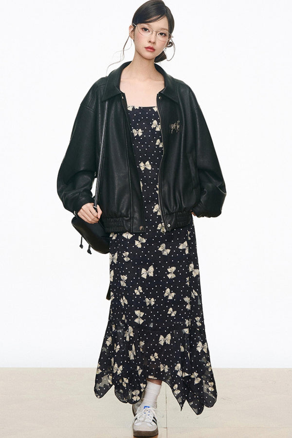 Black Leather Jacket & Butterfly Slip Dress Set