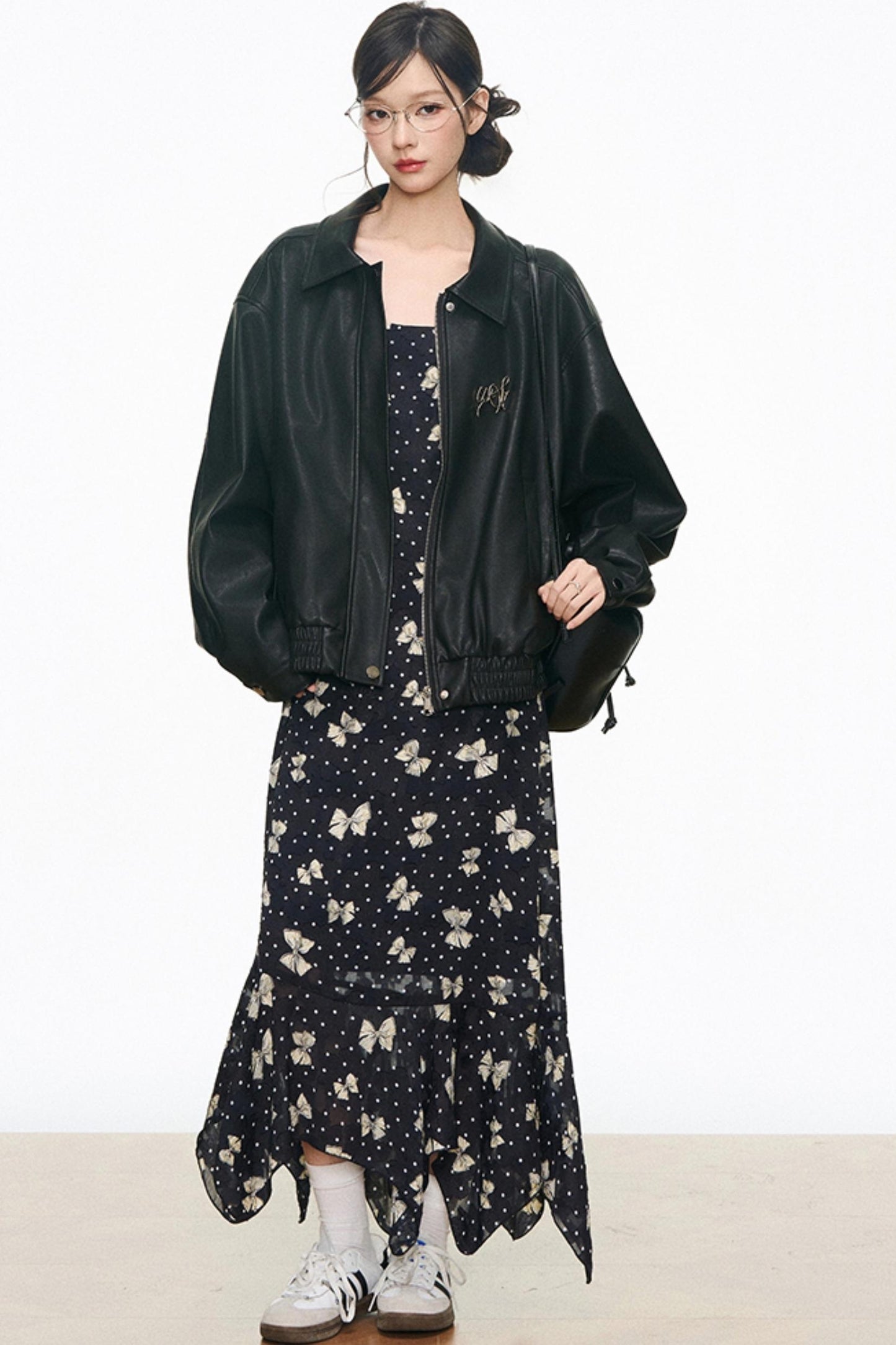 Black Leather Jacket & Butterfly Slip Dress Set-Up