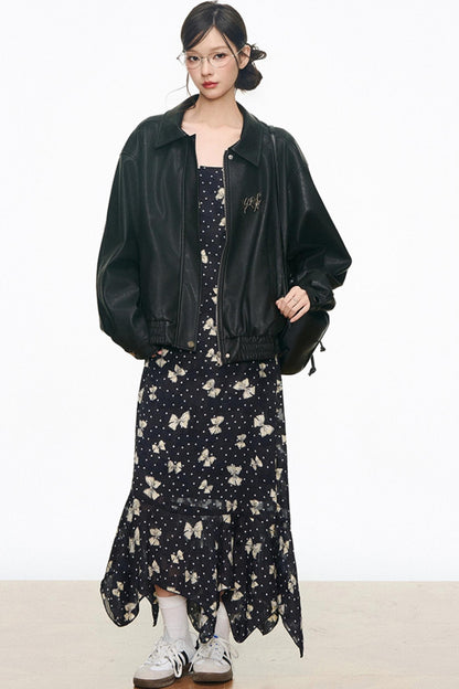 Black Leather Jacket & Butterfly Slip Dress Set-Up