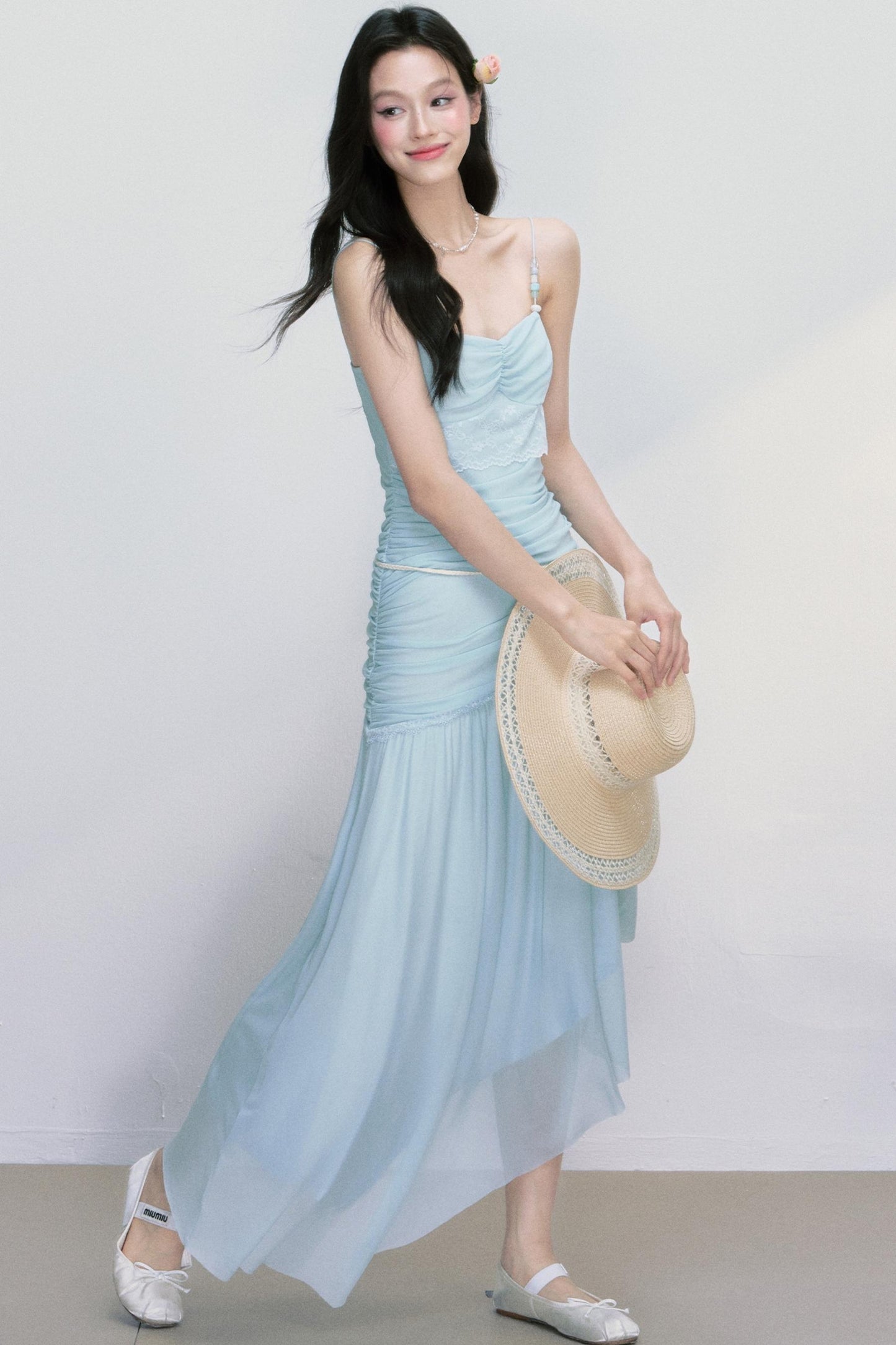 Sea Foam Blue Beaded Slip Dress