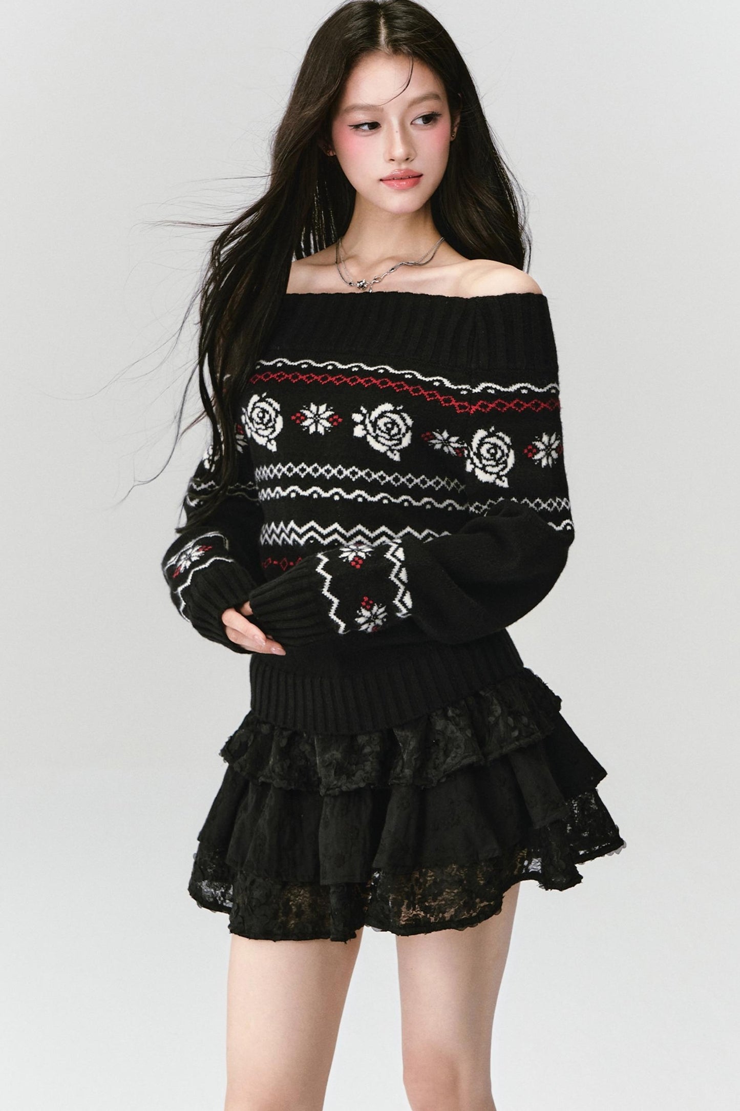 Fair Rose Jacquard One-Shoulder Sweater