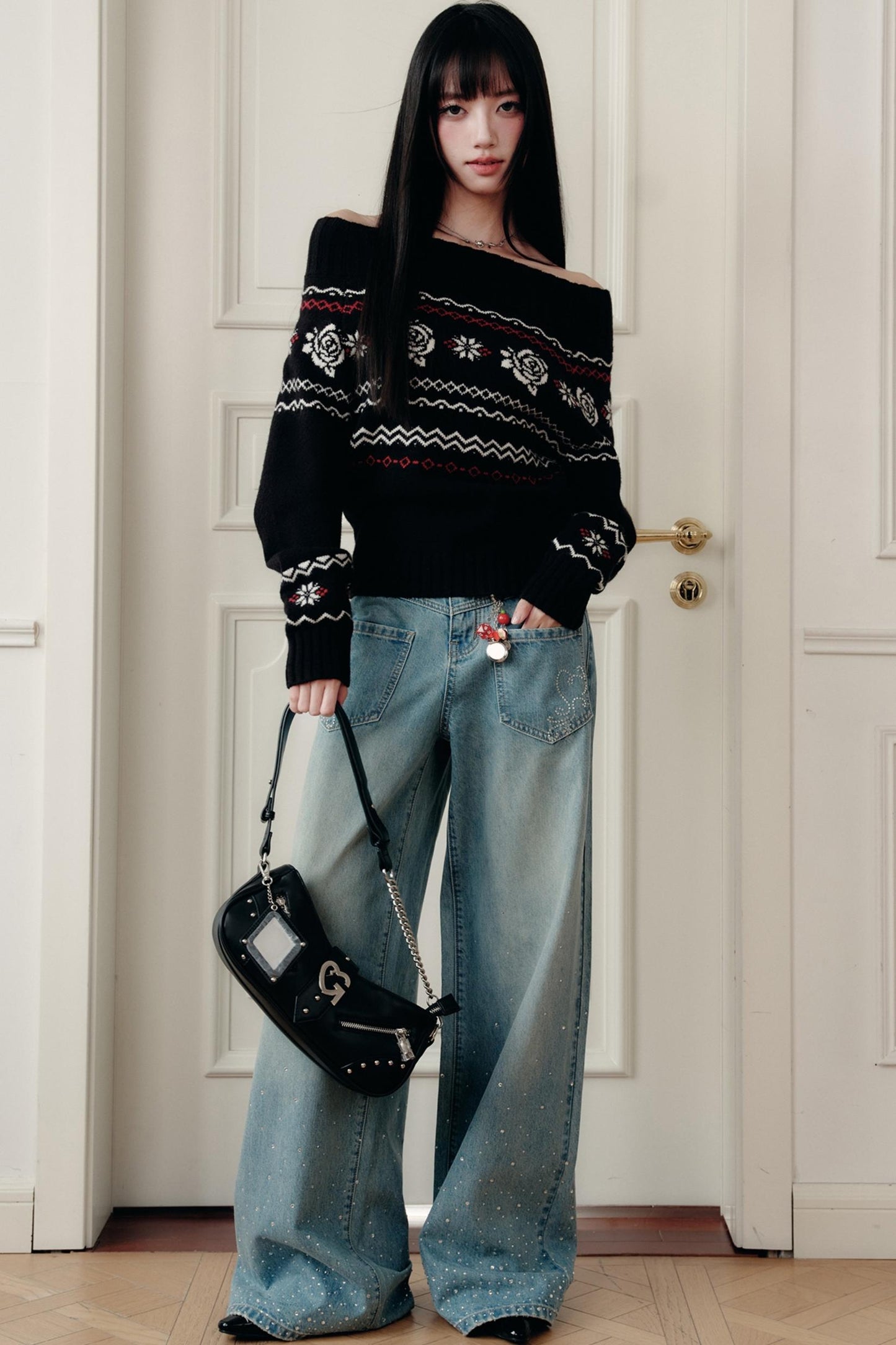 Fair Rose Jacquard One-Shoulder Sweater