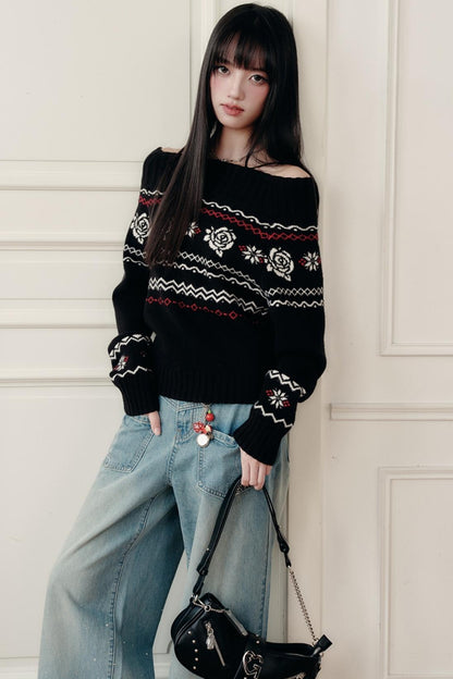 Fair Rose Jacquard One-Shoulder Sweater