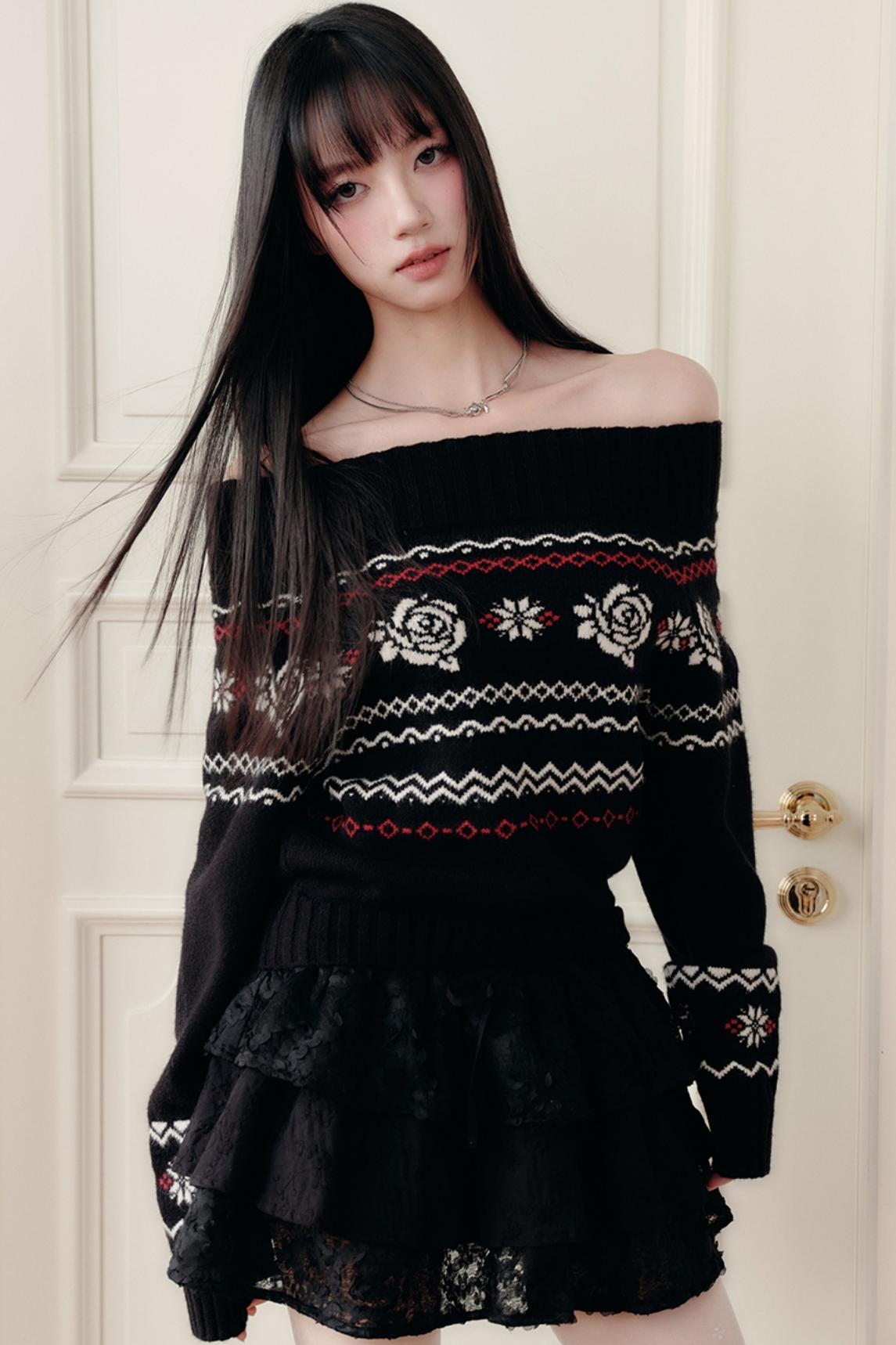 Fair Rose Jacquard One-Shoulder Sweater