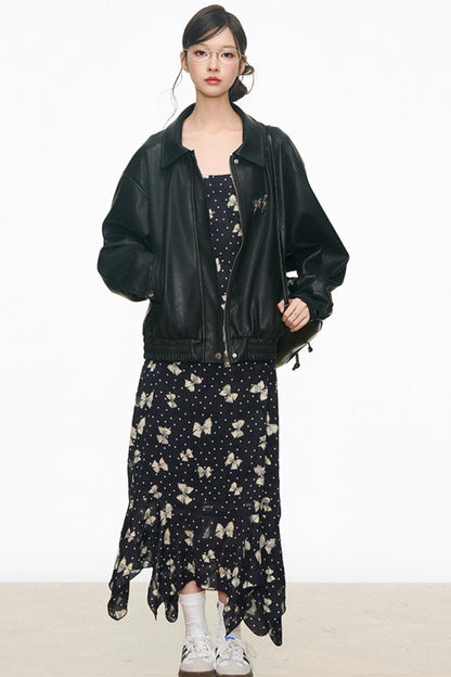 Black Leather Jacket & Butterfly Slip Dress Set-Up