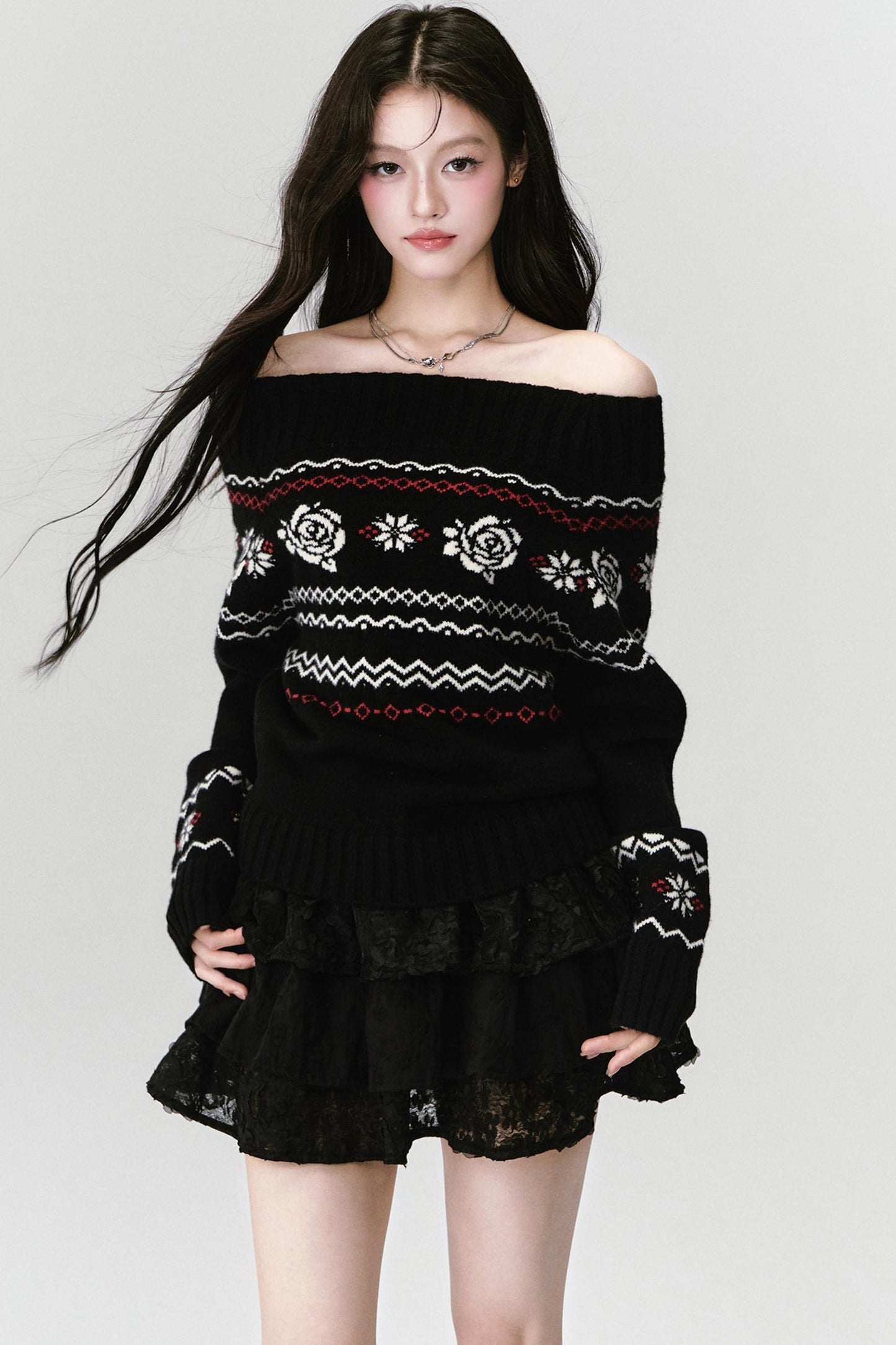 Fair Rose Jacquard One-Shoulder Sweater