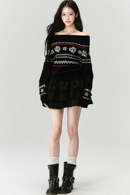 Fair Rose Jacquard One-Shoulder Sweater