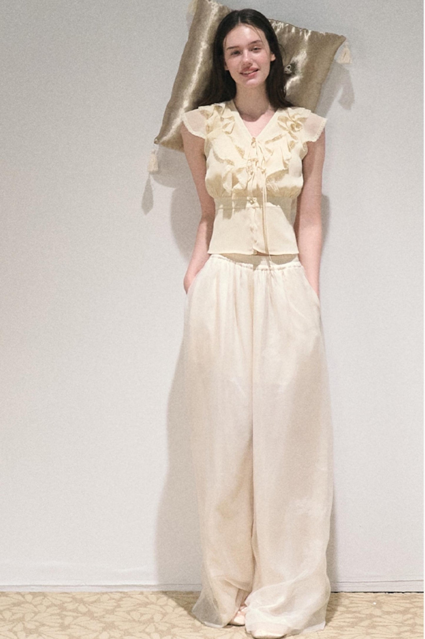 Apricot Wind Satin Wide-Leg Pants