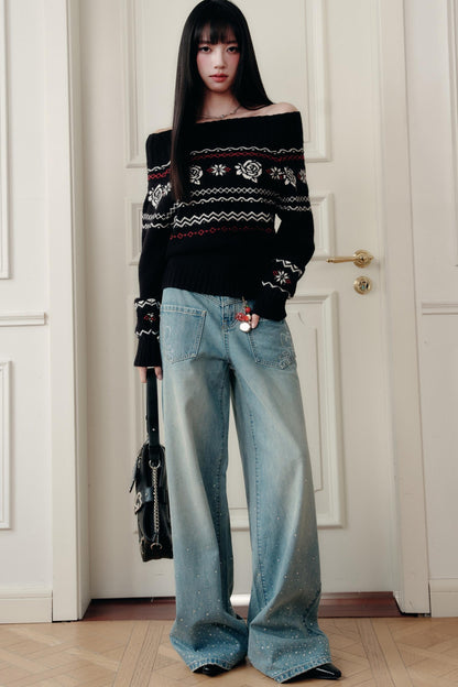 Fair Rose Jacquard One-Shoulder Sweater