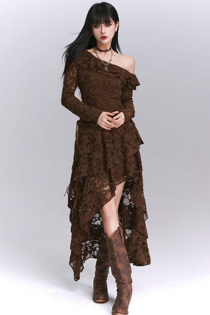 Irregular Brown Lace Off-Shoulder Dress