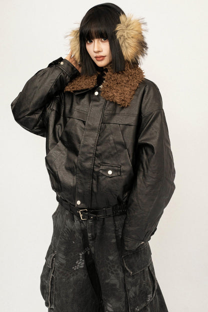 Retro Fur Collar Leather Jacket