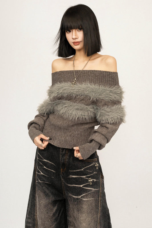 Off-Shoulder Fur Trim Sweater