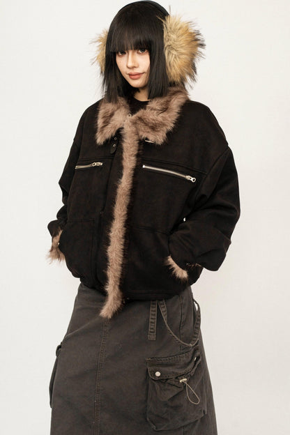 Retro Design Fur Collar Black Cotton Jacket