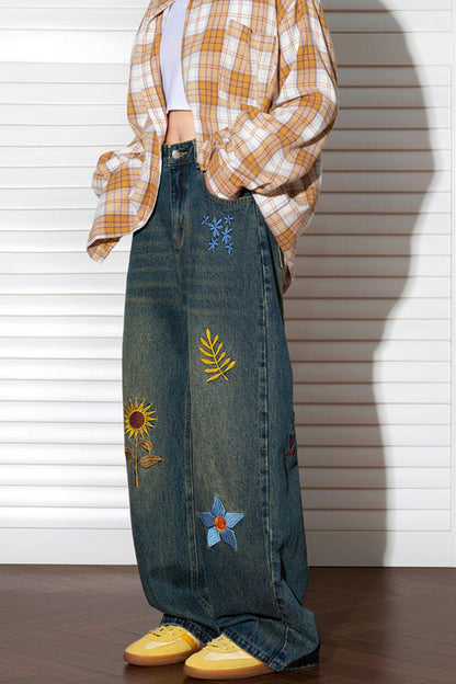 Retro Sunflower Embroidered Wide-Leg Jeans