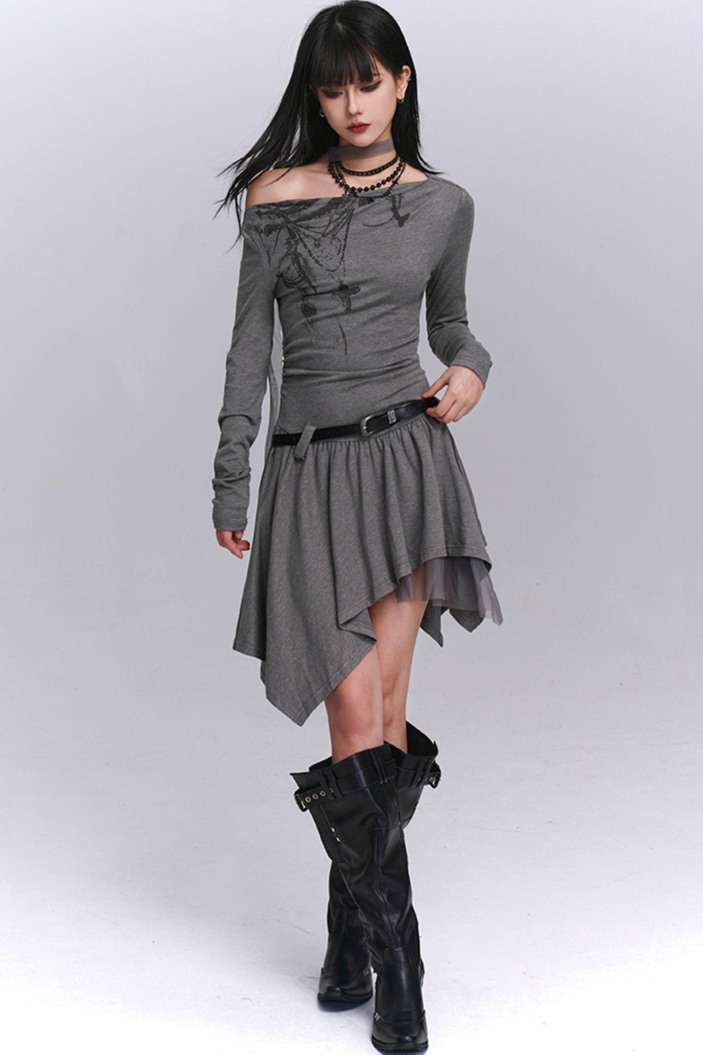 Gray Off-Shoulder Autumn Dress