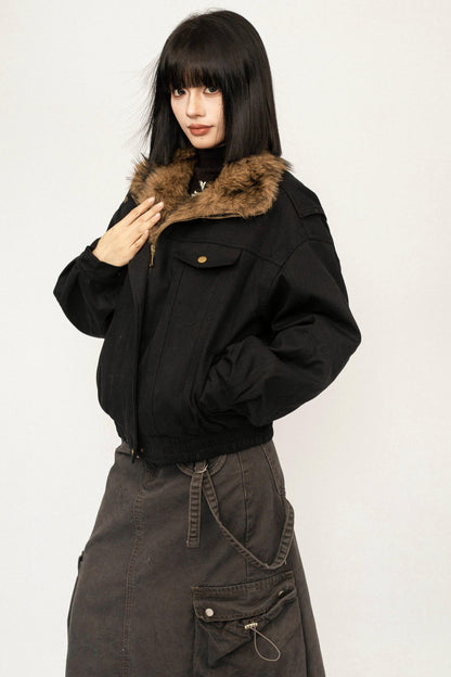 Retro Fur Collar Workwear Winter Cotton Jacket