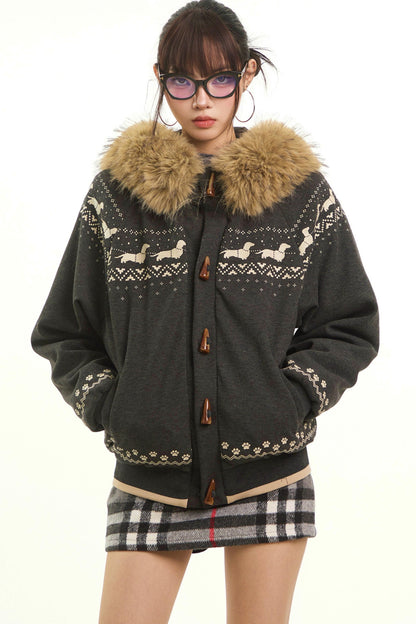 Retro Fair Isle Fur Collar Jacket