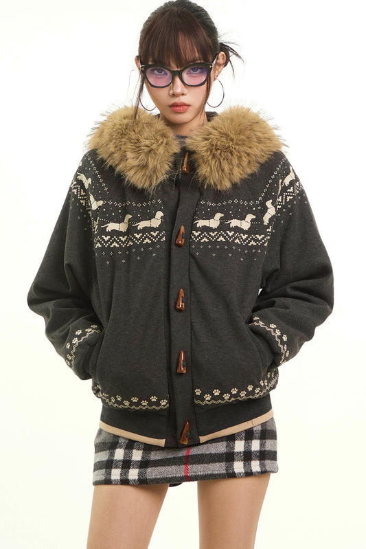 Retro Fair Isle Fur Collar Jacket