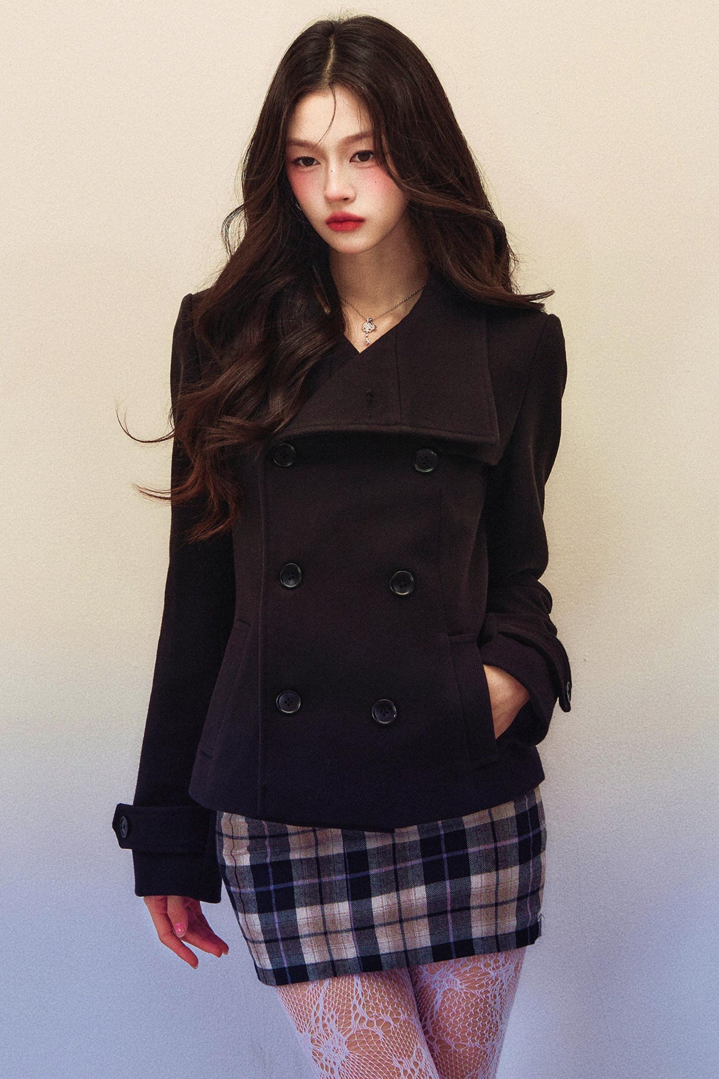 Double-Breasted Woolen Coat And Plaid Skirt Set-Up