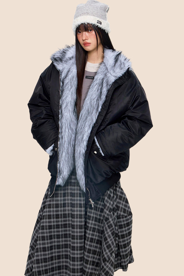 Fur-Trimmed Color-Blocked Cotton Jacket