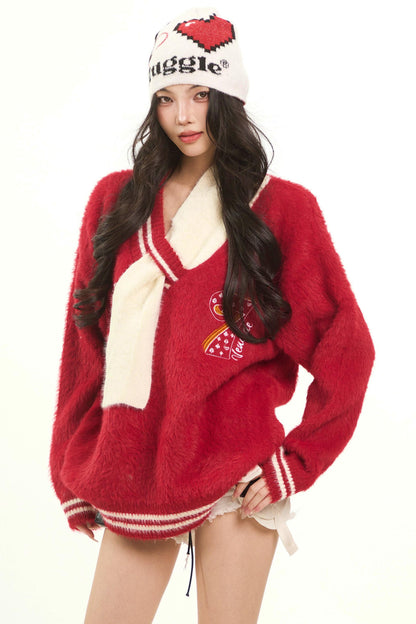 Retro Red Knit V-Neck Sweater