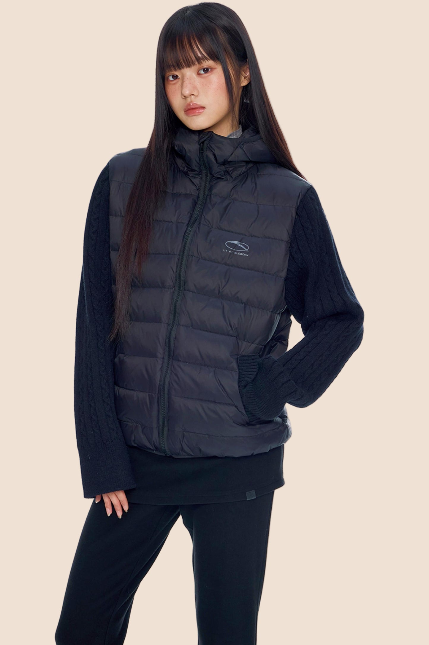 Rib-Knit Hooded Down Jacket
