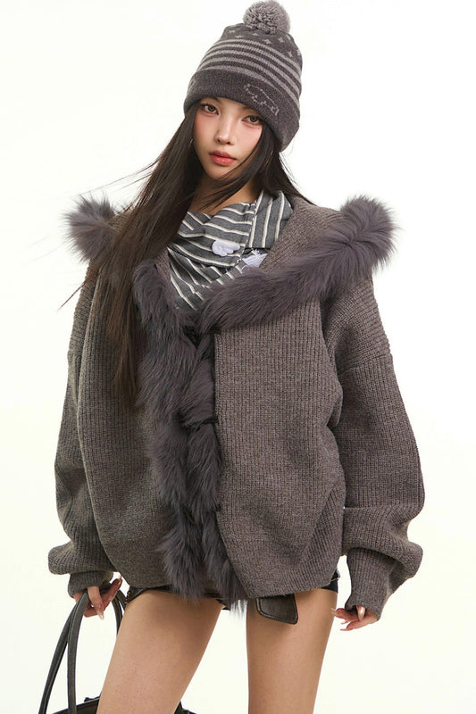Retro Gray Fur Collar Cardigan Jacket