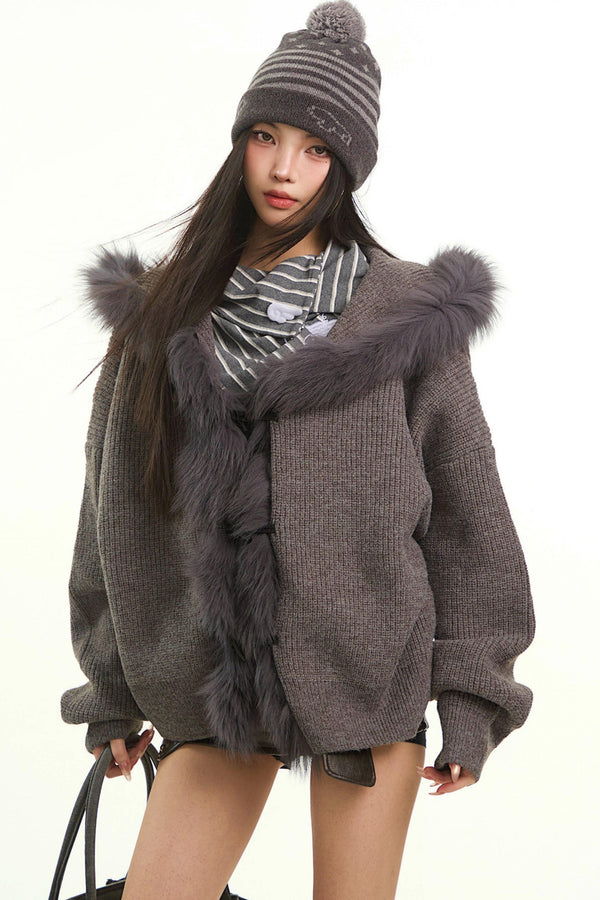 Retro Gray Fur Collar Cardigan Jacket