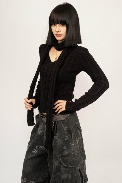 Black Ribbon Knit Top