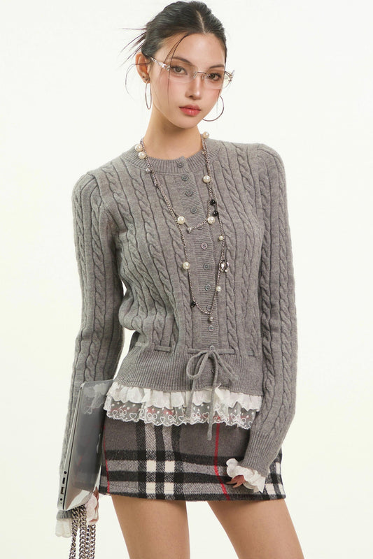 Gray Twist Lace-Edged Cardigan