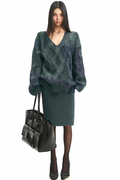 Gray Twist Knit Skirt Suit Set