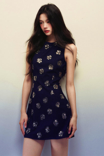 Slim Waist Navy Blue Sequin Sleeveless Dress