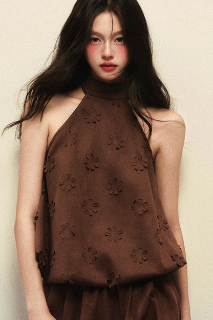 Reddish-brown Suede Flower Top Pumpkin Pants Set-Up