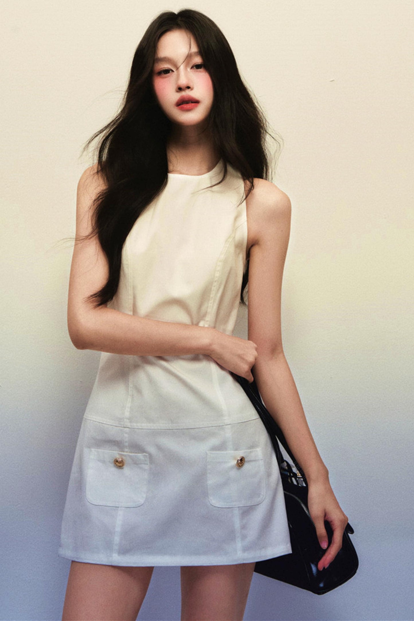 White Twill Sleeveless Vest Dress Set-Up